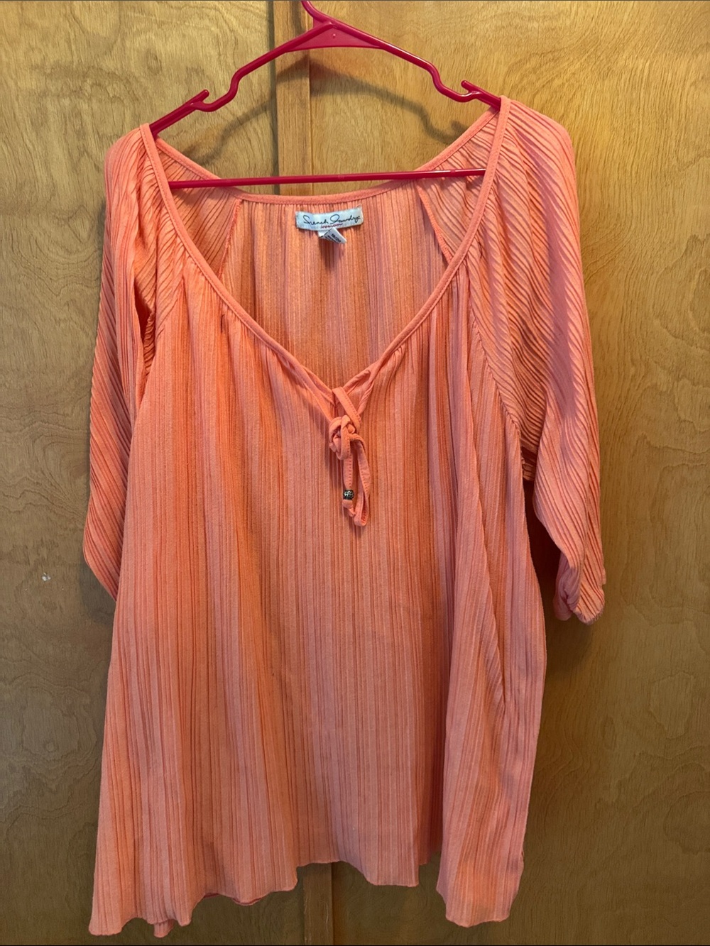 Susan Graver Coral Peasant Tie-Front Tunic